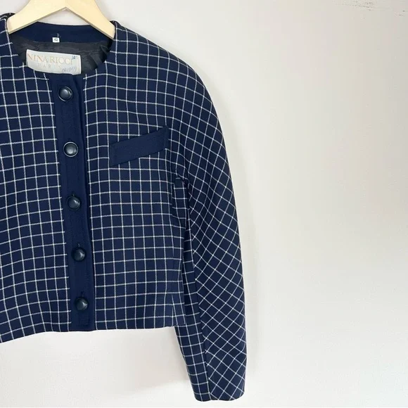 Vintage Nina Ricci 1980s Navy Windowpane Blazer - Picture 4 of 6